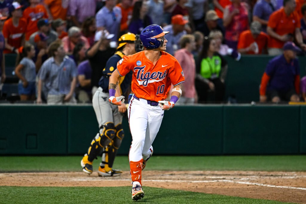 Cam Cannarella hits a double against West Virginia.